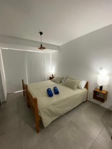 a bedroom with a bed with two blue pillows on it at B&B Mono ambiente in San Miguel de Tucumán