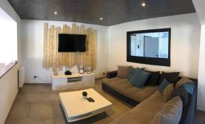 ein Wohnzimmer mit einem Sofa und einem TV in der Unterkunft Gîte D'han le coin in Han-sur-Lesse