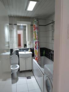 um banheiro com vaso sanitário, pia e banheira em Petar's Apartment Centar em Skopje