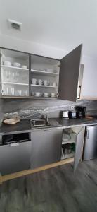 eine Küche mit einer Spüle und einer Arbeitsplatte in der Unterkunft Apartamenty Jasieńczyk in Mielenko