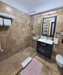 a bathroom with a shower and a sink and a toilet at Blue Bike Studio in Mamaia +15 photos