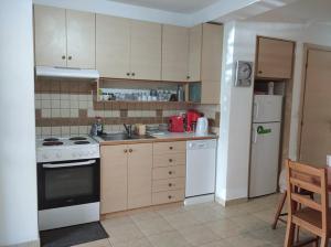 eine Küche mit einem weißen Herd und einem Kühlschrank in der Unterkunft ΔΕΣΠΟΙΝΑ in Néa Péramos