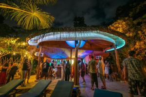 een groep mensen die 's nachts op een strand staan bij Selva Armonia Immersive Jungle Resort in Uvita