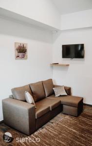 um sofá castanho numa sala de estar com uma televisão em Casa do Ferreiro em Sistelo