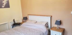 1 dormitorio pequeño con 1 cama y 2 lámparas en Jane's Cottage Free Parking, en Inverness
