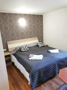 Un dormitorio con una cama grande con almohadas. en Ubytovanie na súkromí KIKA, en Santovka