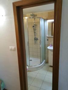 a bathroom with a shower and a toilet and a sink at Ubytovanie na súkromí KIKA in Santovka