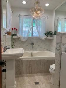 a bathroom with a tub and a sink and a toilet at Forest Cottage Large Group Destination Vacation Sleeps 45 in Foresthill