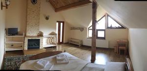 a large room with a bed and a fireplace at Mansarda Aparts in Skole