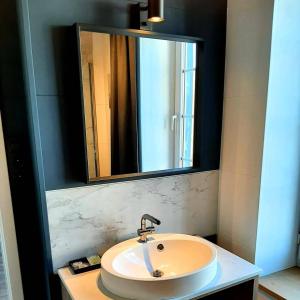 a bathroom sink with a large mirror above it at Renée Cense in Houffalize