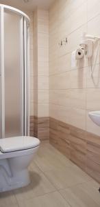 een badkamer met een douche, een toilet en een wastafel bij Hotel Dainava in Druskininkai