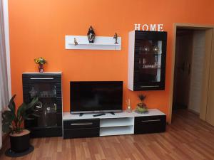 a living room with a television and an orange wall at Ferienwohnung Klaus im Tal der Steinach in Steinach