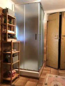 einem großen Kühlschrank aus Edelstahl in einem Zimmer in der Unterkunft Camera Suite Romantica con Giardino in Dimora Storica - B&B Palazzo Robicci in Castiglion Fiorentino