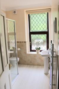 La salle de bains est pourvue d'une fenêtre, de toilettes et d'un lavabo. dans l'établissement Gorgeous cottage by sandy beach Dog friendly, à Port Erin