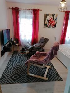 a living room with red curtains and a black rug at Apartma Metija LUX z savno in Kobarid