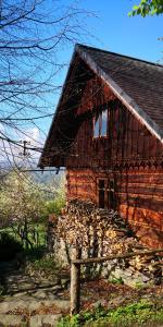 an old wooden house with a pile of leaves around it at Caputówka 100 letnia chata in Rajcza