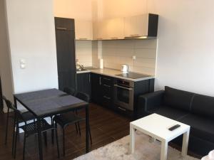 a kitchen and a living room with a couch and a table at Studio CENTRUM Szczytno Mazury 2 in Szczytno