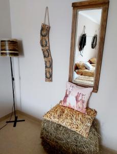 a mirror sitting on top of a hay ottoman in a room at Centrum Turystyczno- Rehabilitacyjne in Krzyżewo
