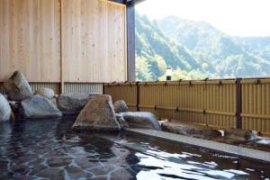 una piscina de agua en una habitación con montañas en el fondo en Iruka Onsen Hotel Seiryuusou en Kumano