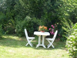 Poullan-sur-Mer的住宿－Maison Terre et Mer，一张带两把椅子的白色桌子和一盆盆盆栽植物