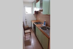 a small kitchen with green cabinets and a sink at Studio in Bucharest
