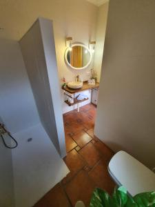 uma casa de banho com um lavatório, um espelho e um WC. em Alojamiento Rural Casa Inocente em La Toba