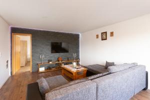uma sala de estar com um sofá e uma mesa em Haus Elena em Bestwig