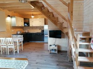 a kitchen and living room in a log cabin at Domek na wzgórzu "WILK" in Świątkowa Mała