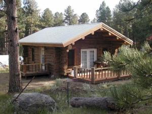 a log cabin in the woods with a porch at Renegade Log Cabin in Custer