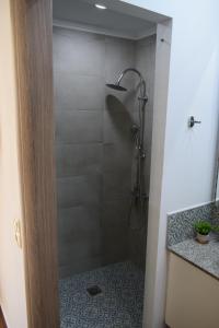 a bathroom with a shower with a glass door at Sweet Memories in Malia