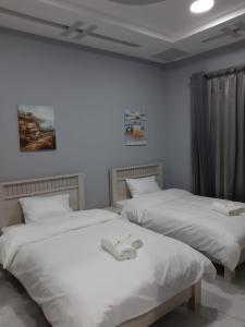 two beds sitting next to each other in a room at Paris Furnished Apartments - Tabasum Group in Ajman 