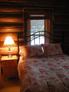 1 dormitorio con 1 cama con lámpara y ventana en Renegade Log Cabin, en Custer
