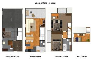 three different floor plans of a house at Villa Recica North in Bled