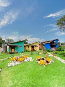 a group of houses with flowers in the grass at Capim Canoa in Alto Paraíso de Goiás