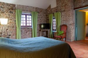 a bedroom with a bed and green curtains and a tv at La Vieille Demeure in Torreilles