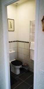 een badkamer met een toilet en een zwarte stoel bij La Cour du Puits, chambre Colyn in Cormeilles