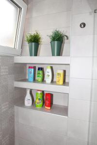 a bathroom shelf with detergents and plants on it at Apartman Lucija in Karlovac +56 photos