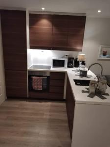 a kitchen with wooden cabinets and a white counter top at Meilbo Tromsø in Tromsø