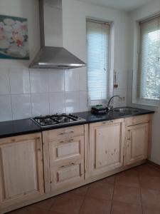 a kitchen with wooden cabinets and a stove top oven at Huisje Finn park de Horn in Dirkshorn