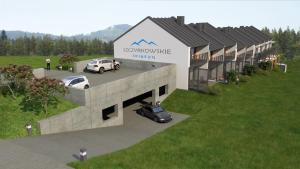 a rendering of a house with two cars parked outside at Apartament Marmurowy w Szczyrku z widokiem na góry z dostępem do sauny i jacuzzi w weekendy , dwa miejsca parkingowe in Szczyrk