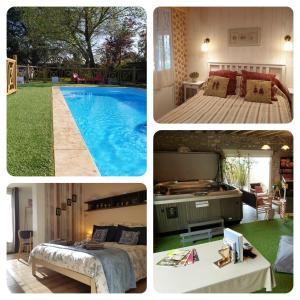 a collage of pictures of a bedroom and a pool at Le Grand Cèdre Spa et sauna intérieur piscine in Marolles