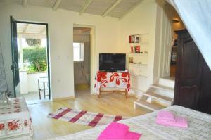 a living room with a bed and a television at Lemoni Apartments in Pelekas