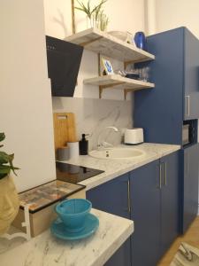 een keuken met blauwe kasten en een wastafel bij Lionas Central Apartment in Bistriţa