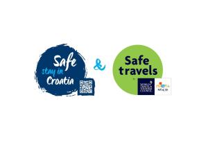 two speech bubbles with the words safe and stay in croatia and safe travels at Komiza Provita Guesthouse in Komiža