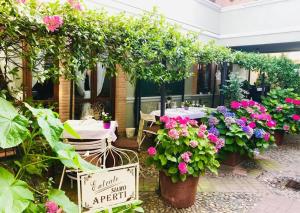 Albergo & Ristorante Selvatico في ريفانازّانو: طاولة وكراسي في حديقة بها زهور