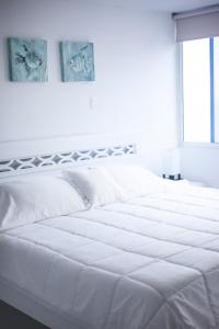 1 dormitorio con cama blanca y almohadas blancas en Amazing ocean view Apartment in El Laguito Cartagena, en Cartagena de Indias