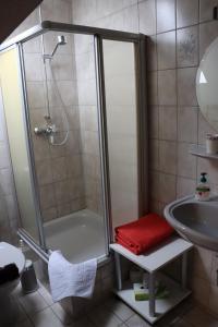 a bathroom with a shower and a sink at Zur Altmühlquelle in Windelsbach