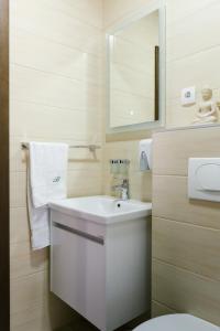 ein weißes Badezimmer mit Waschbecken und Spiegel in der Unterkunft Apartmani Veselinović in Vrnjačka Banja