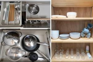 four pictures of a kitchen with a stove and dishes at 南熱海あじろハウス in Atami