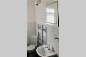 a bathroom with a sink and a toilet and a mirror at Entire Ground Floor Apartment - West Bay in West Bay